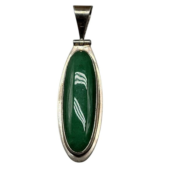 CII Mexico 925 Aventurine Pendant Oblong Sterling Silver Gemstone Chunky Vintage - Picture 1 of 8